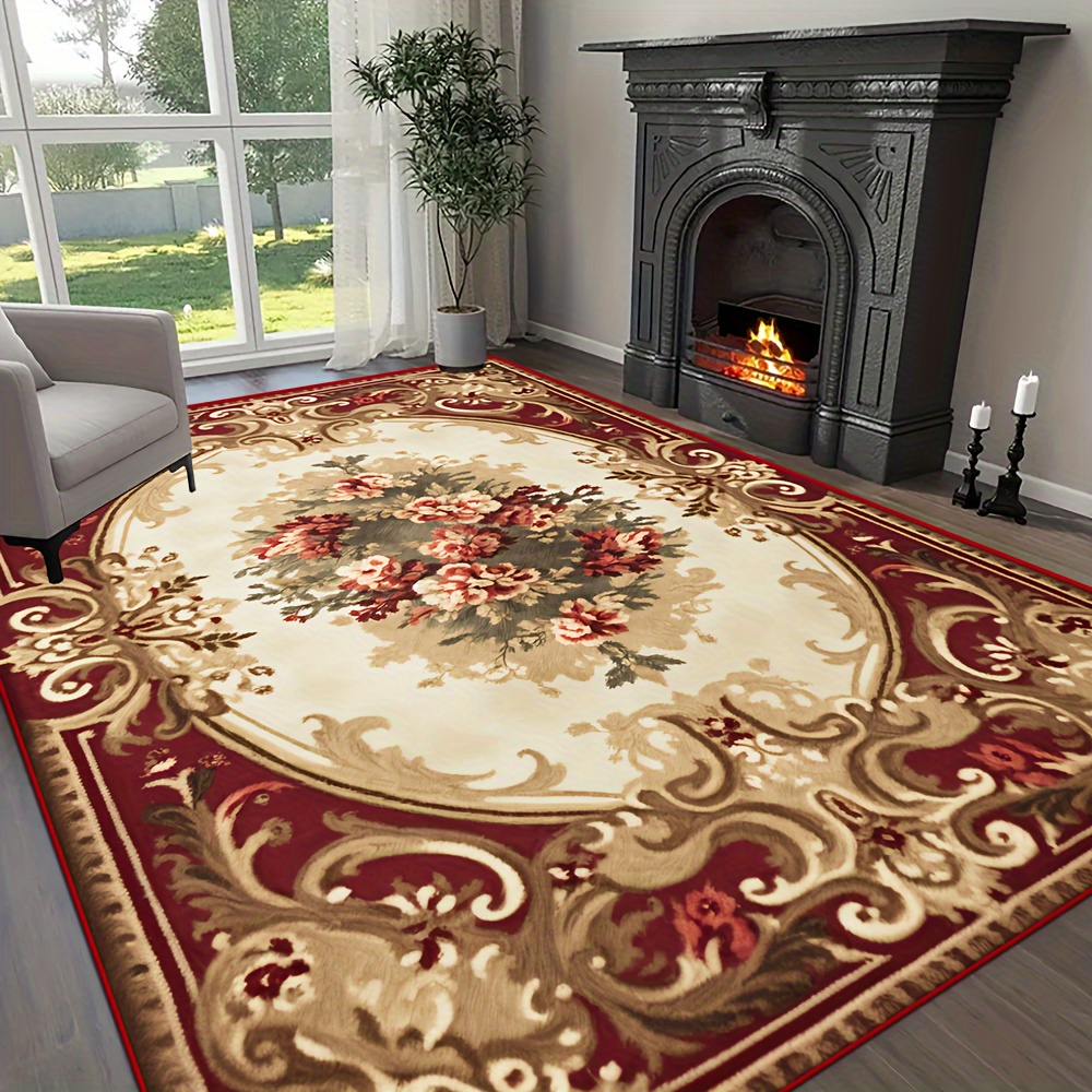 

Retro Court Style Floral Printed Area Rug - Machine Washable, Stain Resistant, Non-slip, Medium Pile Polyester Rug For Indoor & Outdoor, Ideal For Living Room, Patio, Entryway - Machine Made Elegance