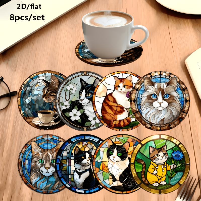 TEMU 8-pack Non-slip Cat Coasters - Durable Wooden Coaster Set For Hot And Cold Drinks, Water-resistant End - Charming Kitchen, Office, Or Bar Decor,