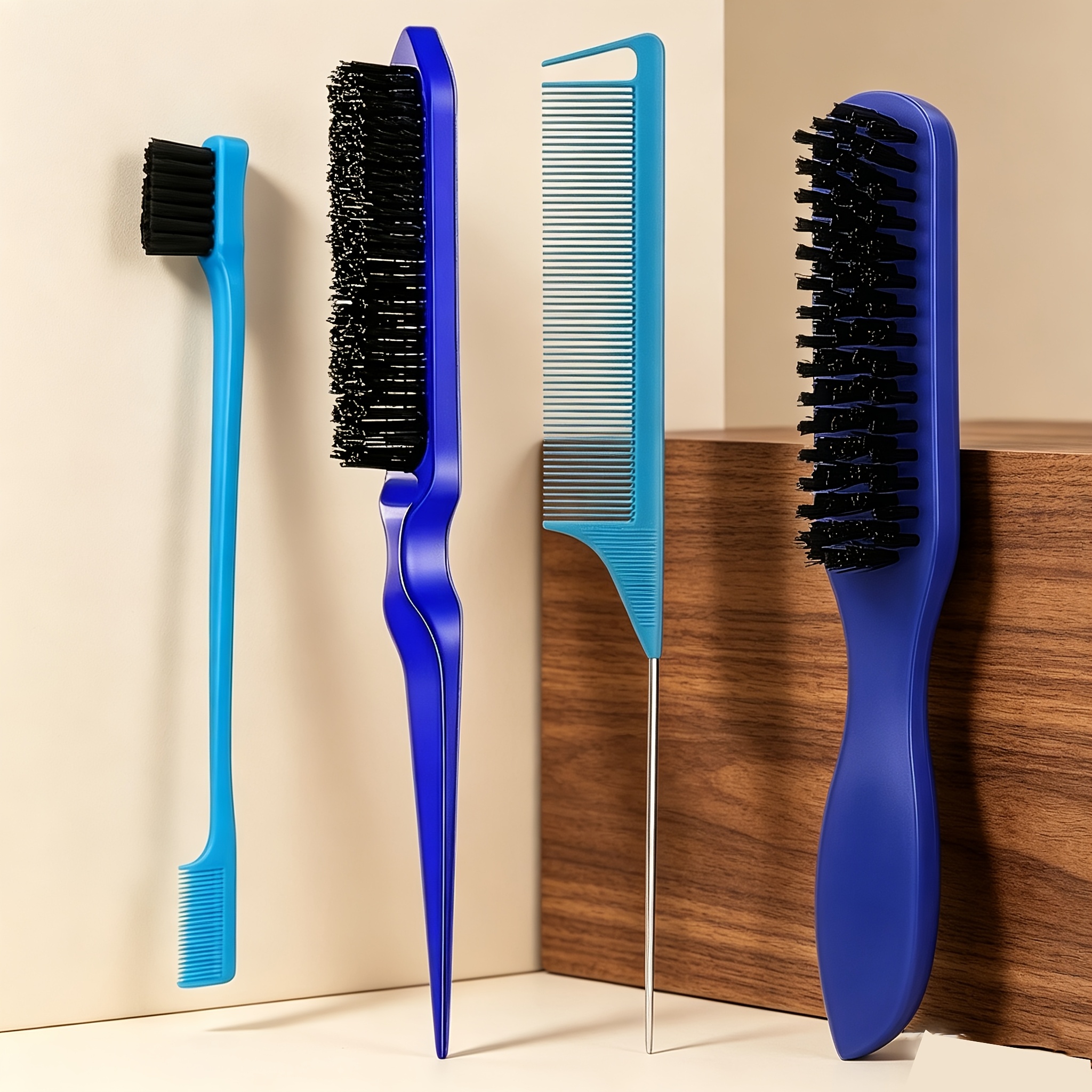 TEMU 4pcs Comb Styling Set With Steel Needle Pointed Tail Comb, Nylon Hair Brush, Edge Control Brush, Suitable For Various , Suitable For Men And