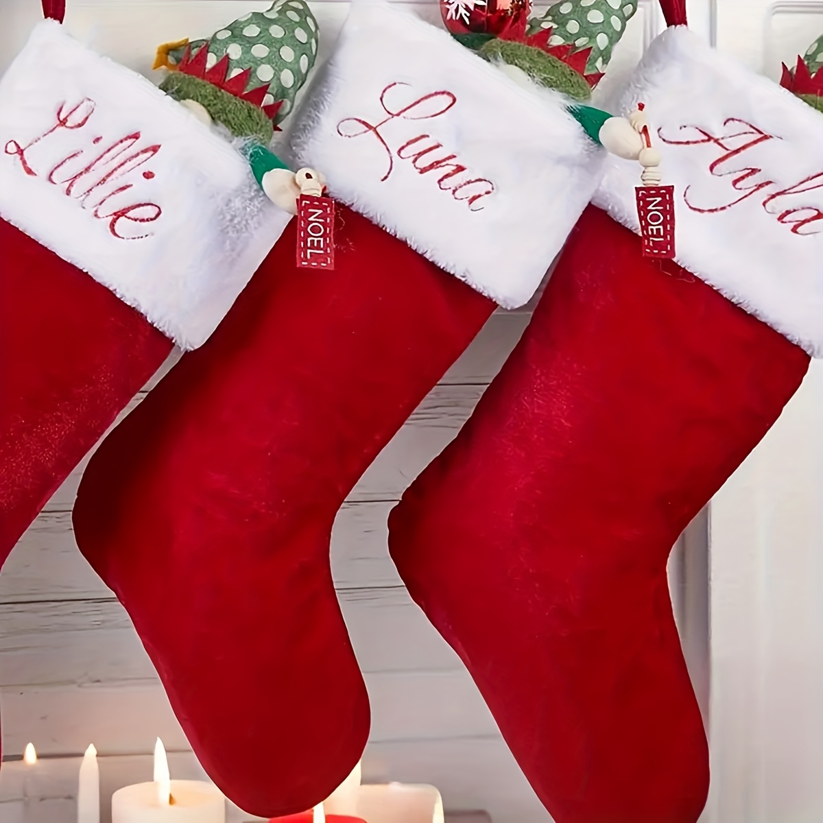 TEMU Personalized Velvet Christmas Stocking With Name - Elegant Red And Embroidered Design, Durable, Perfect For Family Gifts, Holiday Decorations,