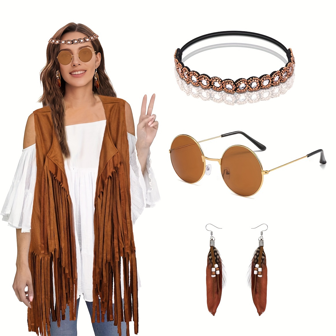 

4pcs 60s 70s Outfits For Women Disco Hippie Costume Set, Women Hippie Vest, Headband, Vintage Glasses, Earrings, Halloween Cosplay Party Accessories