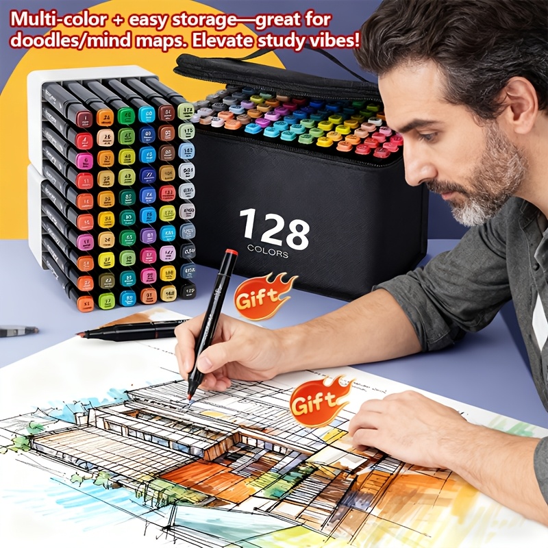 TEMU Lot de 128 marqueurs artistiques à double pointe, avec un support et une trousse de rangement à bandoulière unique, utilise des marqueurs à base