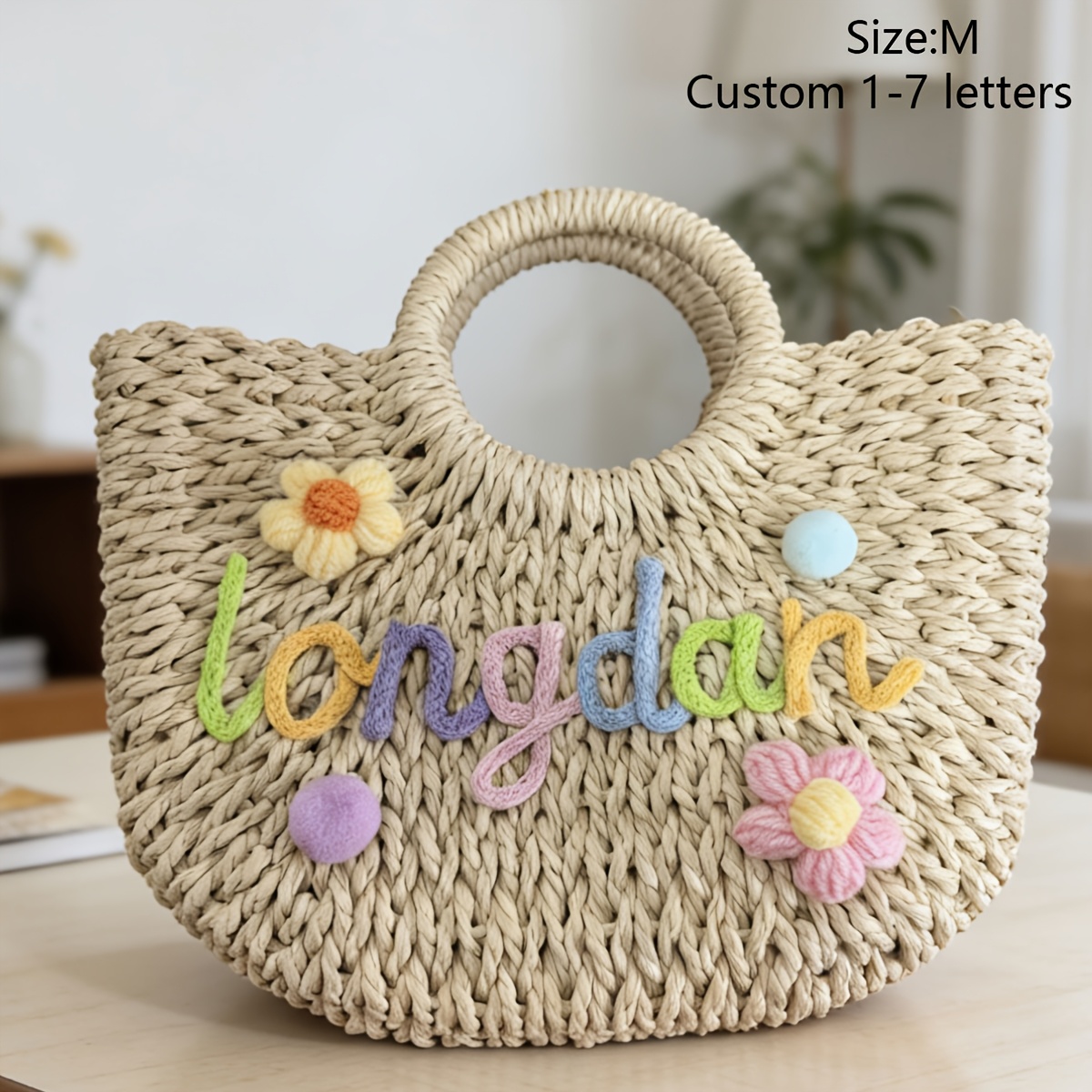 TEMU [customizable] 1pc Personalized Hand-woven -straw Tote Bag--beach Vacation Bag, Bridesmaid Gift Basket, Gift For Her/party Favor