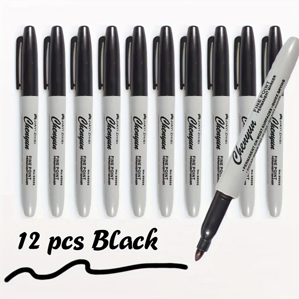 TEMU 12pcs Waterproof Permanent Black Markers Fine Tip Quick Drying For Ages 14+