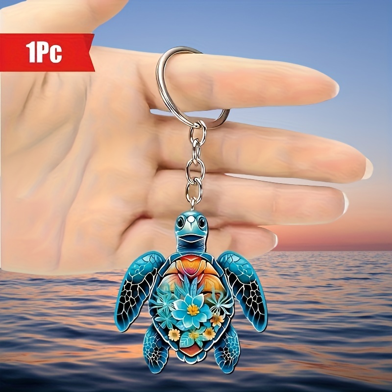 

1pc Alloy & Acrylic Turtle Keychain With Floral Anime Design - Oblong Shaped Women's Novelty Keyring With Ring Buckle For Decoration, Diy Gift, Birthday Festival