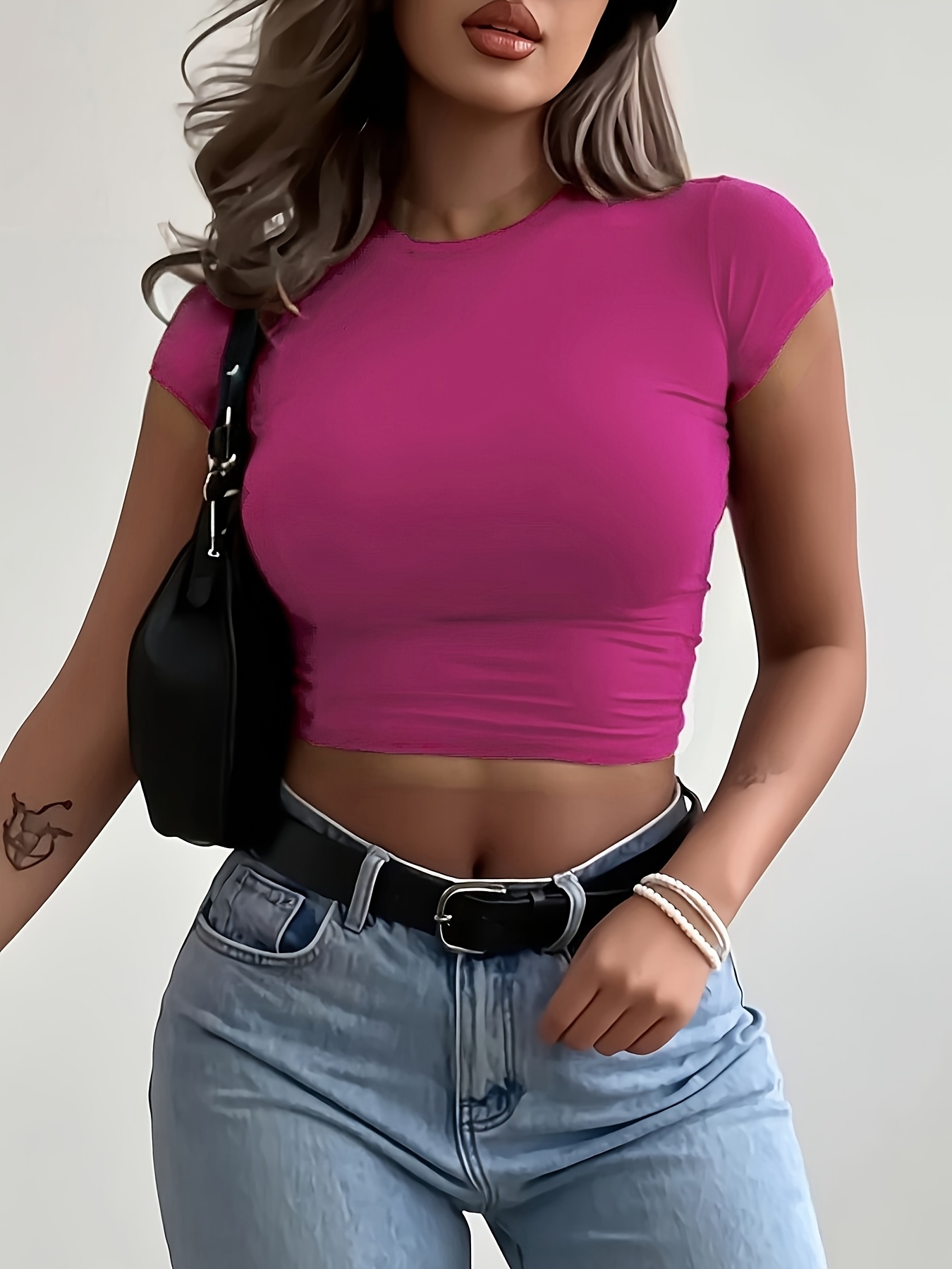 Women'S Slim Fit Stretchy Short Sleeve T-Shirt - Solid Color Burgundy, Round Neck, Casual Top for Spring/Summer, Machine Washable, Everyday Tshirt | Round Neck Tee | Stretchy Fabric