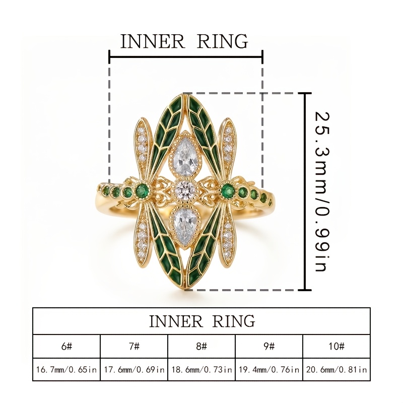 Retro Enamel Dragonfly Design Ring with Green Synthetic Zircon