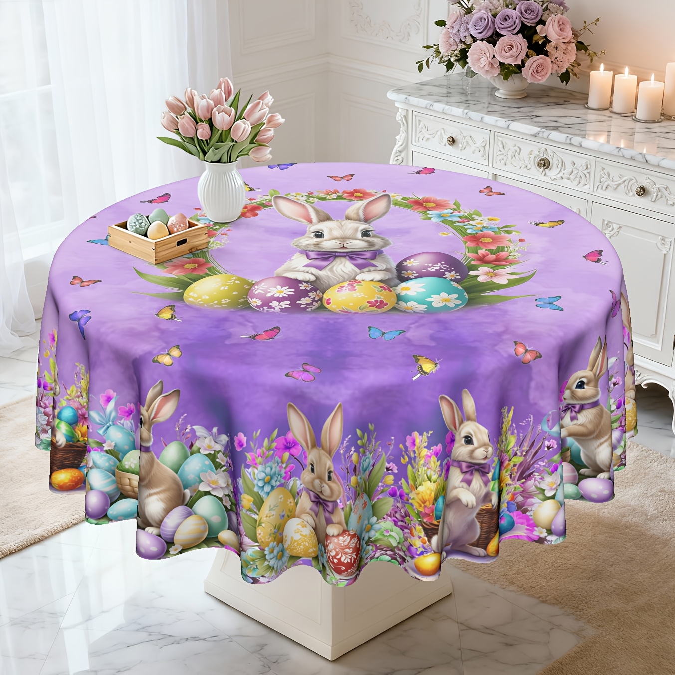 TEMU 1pc, Easter Tablecloth, Spring Easter Bunny Flowers Table Cloth Bunny Eggs Pattern Spring Flowers Tablecloth For Party Home Dinner Easter Decor