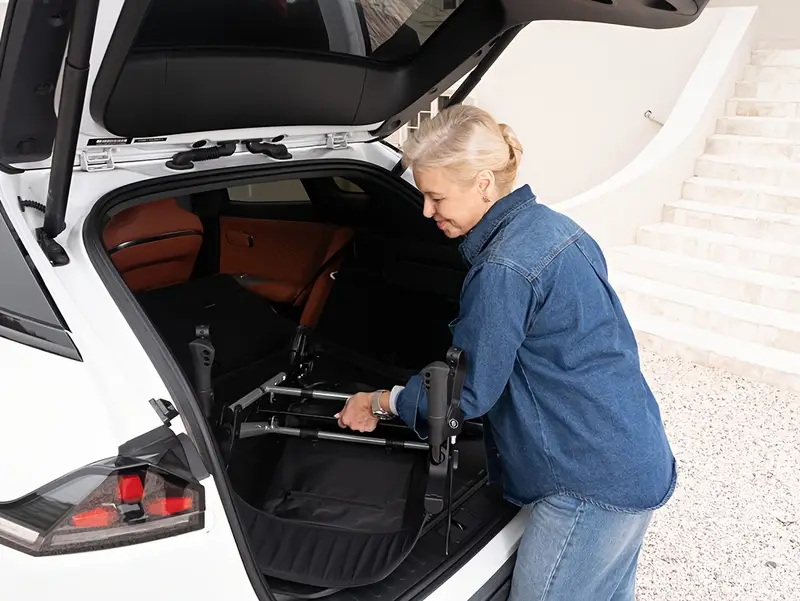 foldable rollator walker for seniors durable aluminum frame 8 all terrain wheels ergonomic seat backrest dual adjustable height 300 lb capacity storage basket linear brakes details 5