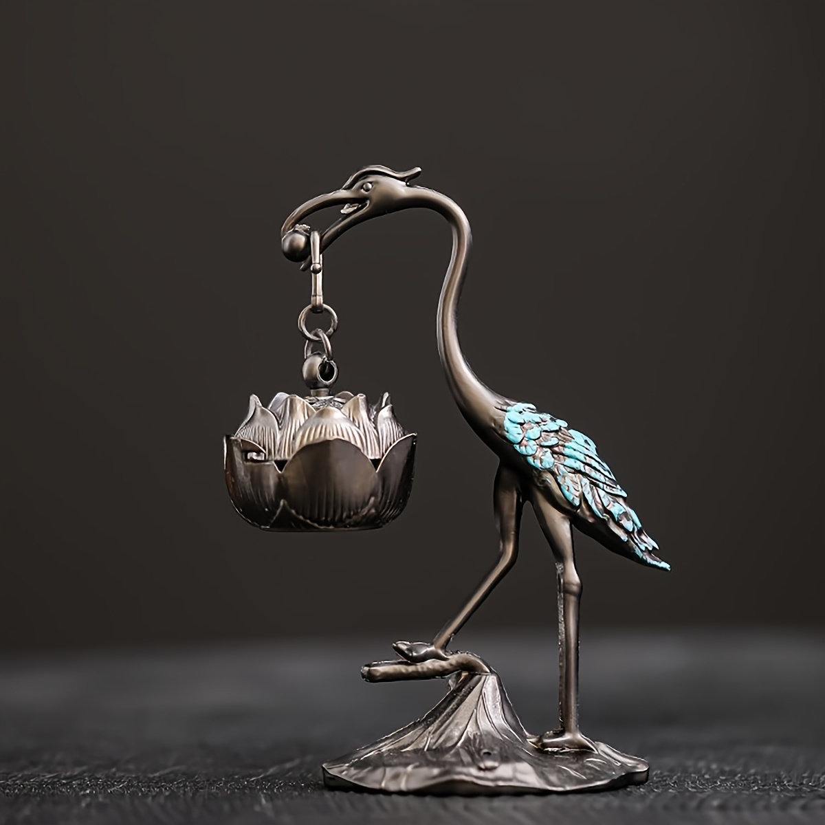 TEMU Elegant Crane & For Lotus Flower - Metal, Home Decor Accent With Incense Holder