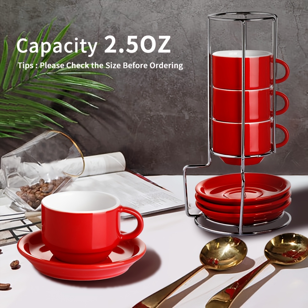 

4-set Red Stackable Espresso Cups With Saucers & Metal Stand | Holiday Gift Set For , Stylish & Space-saving, Gift For Mom, Best Friend, Thanksgiving, Christmas, New Year's Day