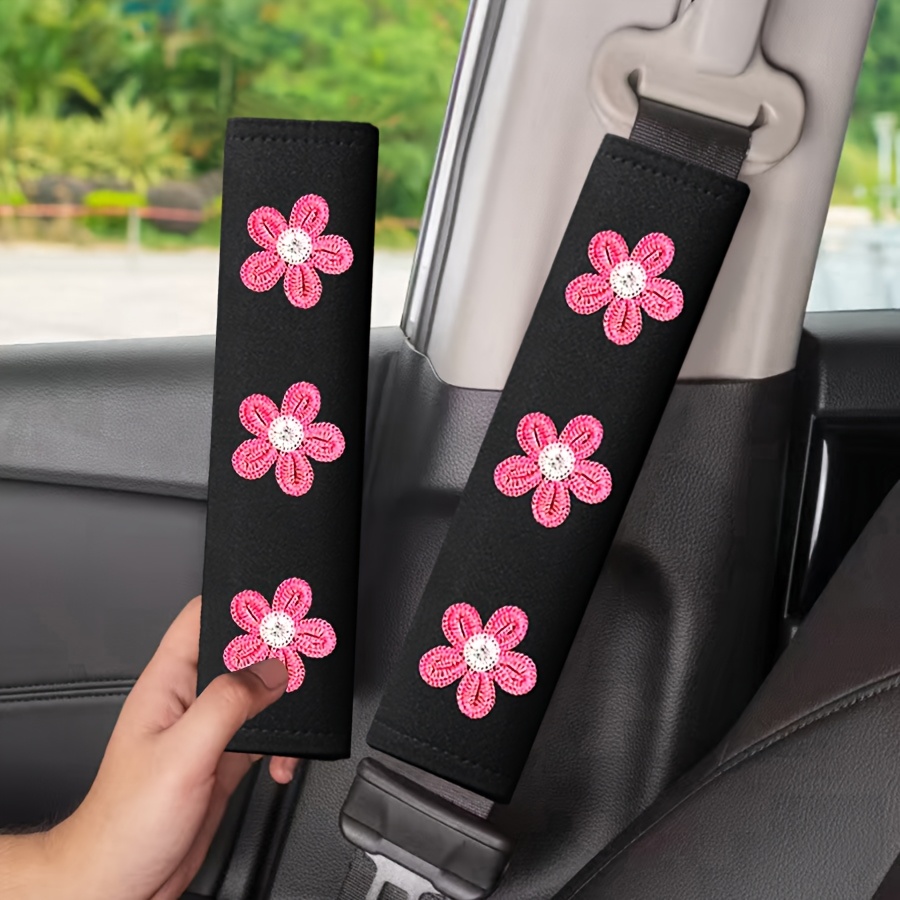 TEMU 2 stuks Autogordel Schouderkussen met Bloemenborduursel - Zachte, Verkoelende en Comfortabele Hoezen voor een Verbeterde Rijervaring, 4 Kleuren,