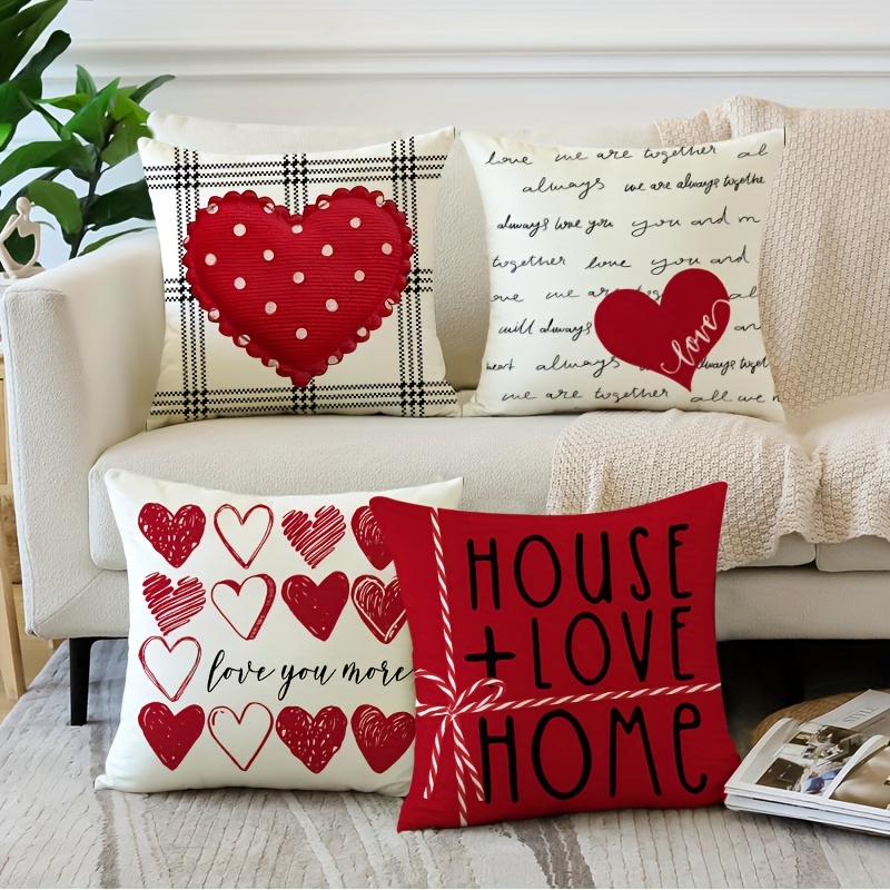 

4pcs Valentine's Day Red Heart Throw Pillow Covers - 18x18 Inch, Zip Closure, Machine Washable, Polyester - Home & Bedroom Decor