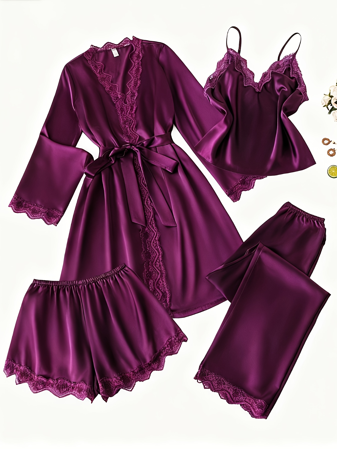 item picture lace     cami shorts long pants bathrobe 4pcs set