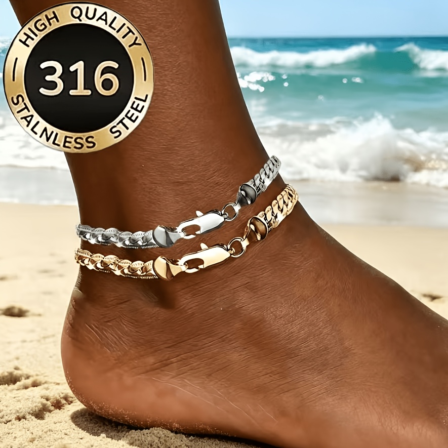 TEMU 2pcs High-quality Steel Unisex Twisted Bangle And Anklet, 2 Colors Overlapping Perfect Style, Fashion Daily Jewelry, Beach Vacation Daily Wear