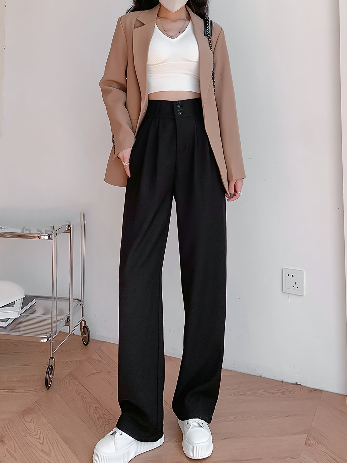 black draped wide leg trousers women suitable spring autumn Temu