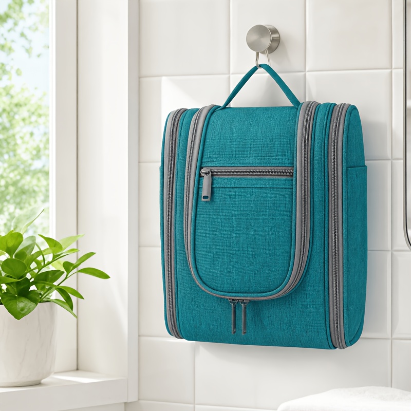 Image of Hanging Toiletry Bag For Women Men, Large Travel Cosmetic Organizer With Hook, Pearooster Blue Polyester Makeup & Wash Bag, Multi-compartment Bathroom Shower Caddy Shaving Kit Organizer