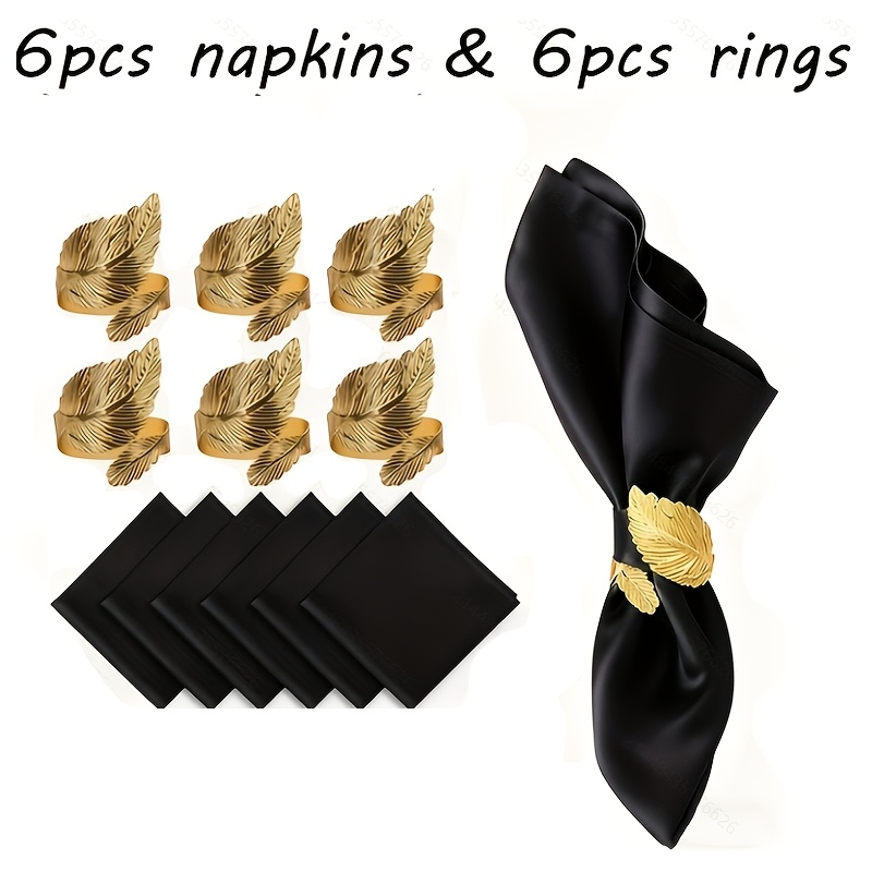 TEMU Set Of 12: Includes 6 Napkin Rings Shaped Like Leaves And 6 Satin Cloth Napkins Measuring 17x17, Perfect For Elegant Table Decoration During