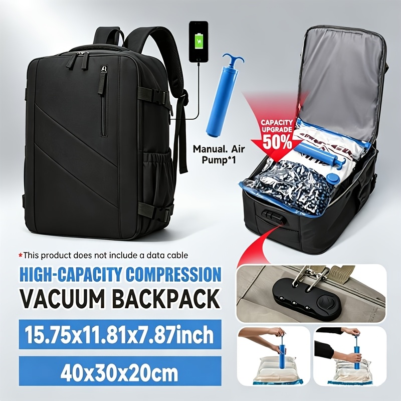 TEMU Travel Luggage Vacuum Compression Set Women's Backpack, Airline Approved 40x30x20cm Size Cabin Bag, With Vacuum Pump Combination, Back With