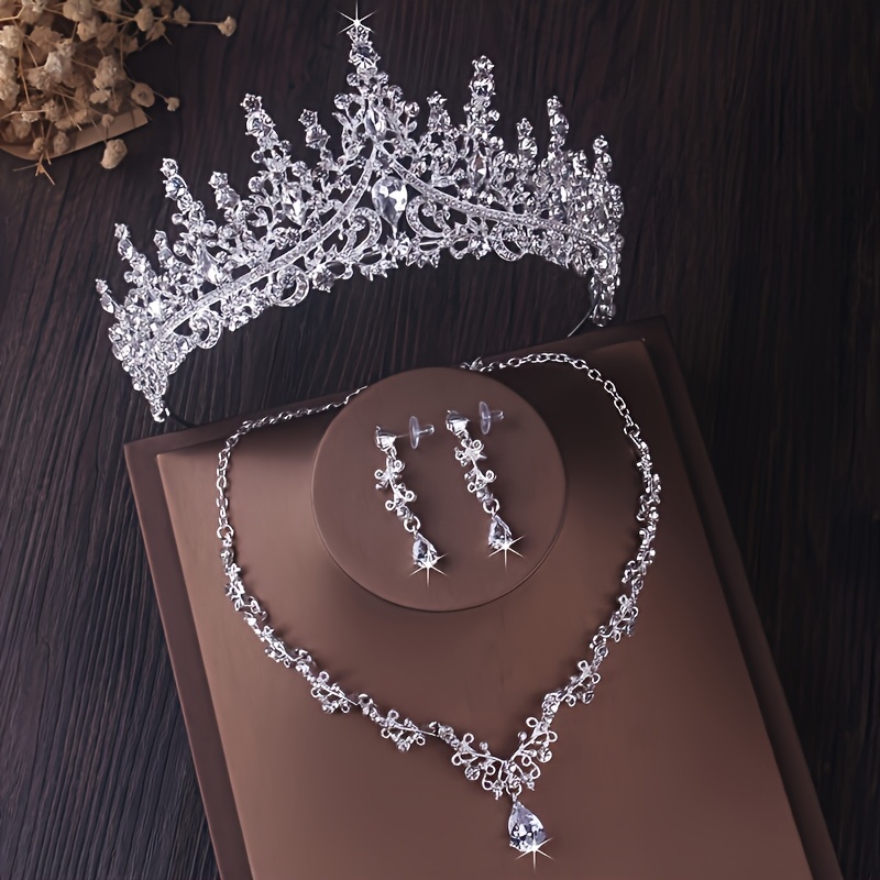 TEMU Wedding Dress Accessories, Wedding Crown Necklace, Earring Set, High-end And Wedding Accessories, Banquet, Stage Performance, Birthday Party, Crown Necklace, Earring Set, Piece Set