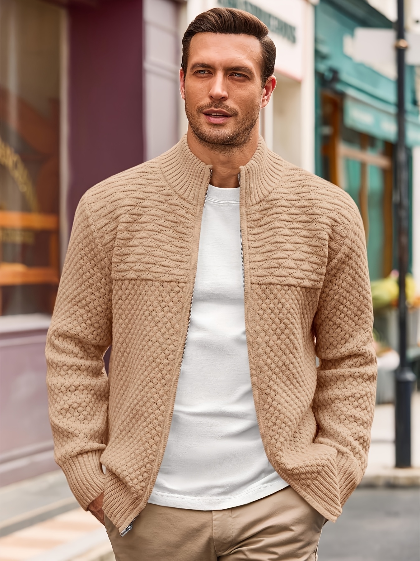 PJ PAUL JONES Mens Full Zip Cardigan Sweater Casual Ribbed Knitted Sweater For Men