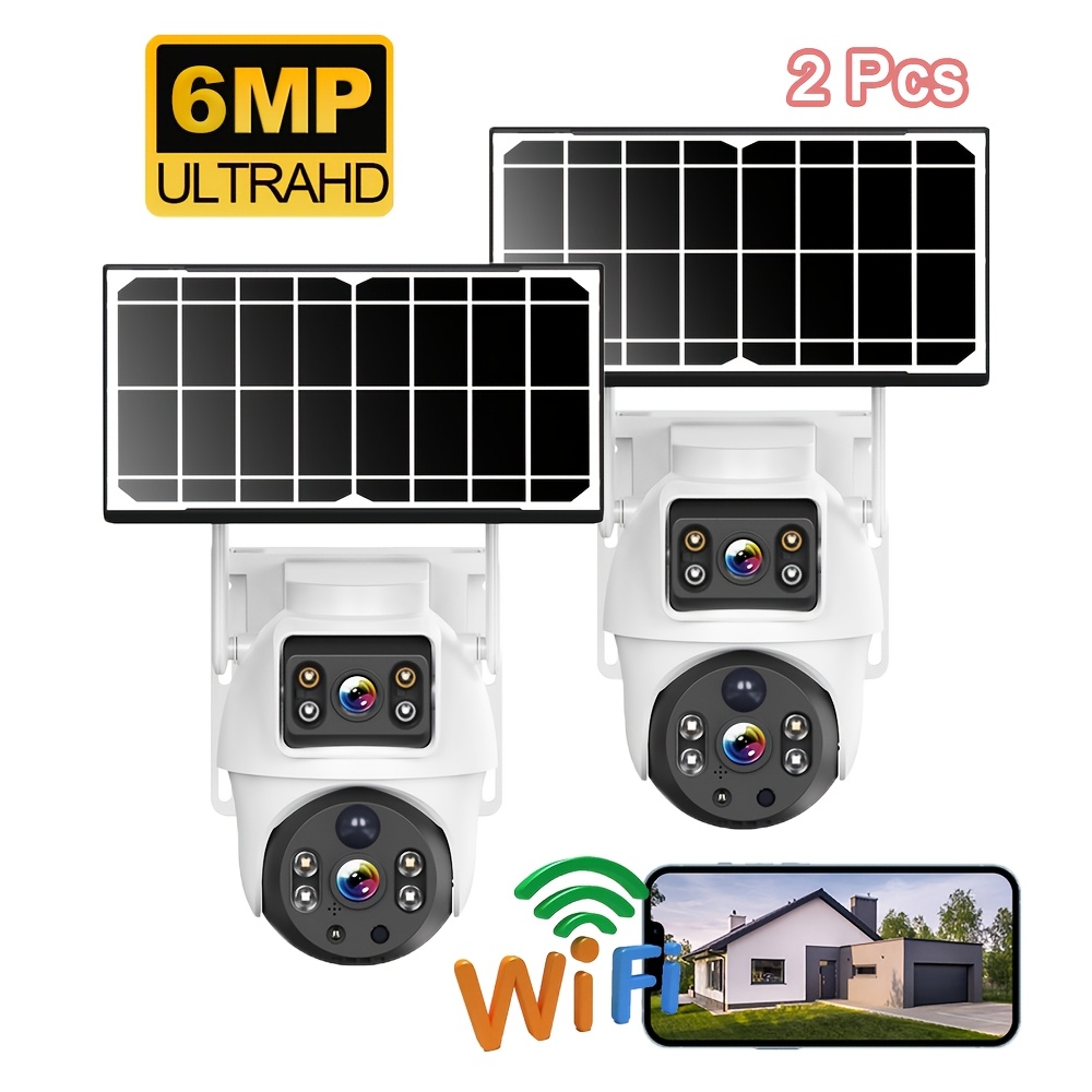 2pcs 6mp Outdoor Wifi Solar Powered Camera, Humanoid Detection, Motion Tracking, Intercom, Night Vision, Alarm Push