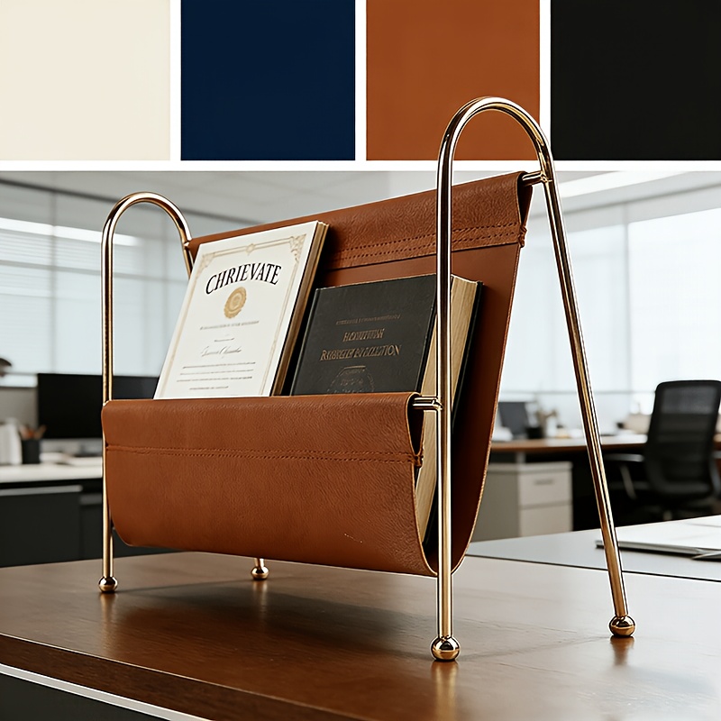 Nordic-style Magazine Rack in Metal and PU Leather with Clean Lines, Keeps Documents Organized or Use as a Bookshelf; Available in a Double-sided Style to Satisfy Your Different Placement Needs.