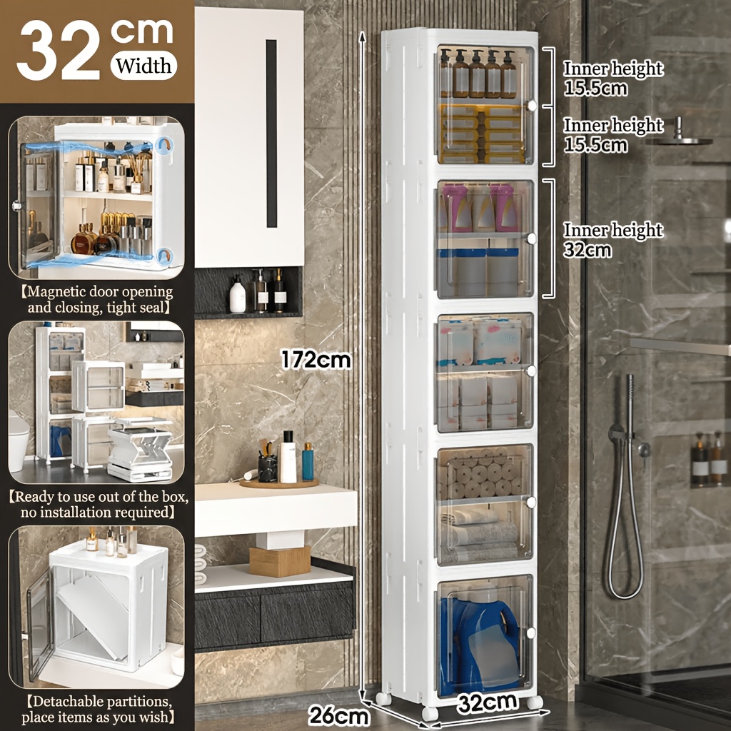 TEMU 5/4/3/2 Tier Narrow Bathroom Storage Cabinet, 32cm Slim Rolling Plastic Storage Organizer With Transparent Doors, Space Saving Storage Unit For