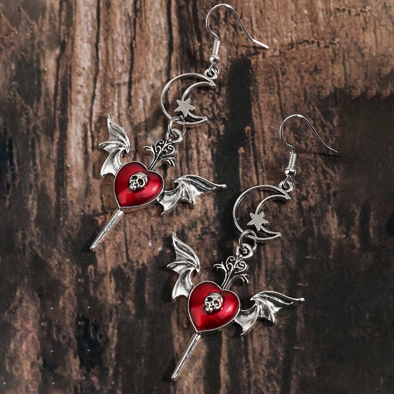 TEMU 1 Pair Of Vintage Gothic Style Red Heart Winged Skull With Sword And Moon Pendant Earrings, Suitable For , Parties, And Daily Wear, The For