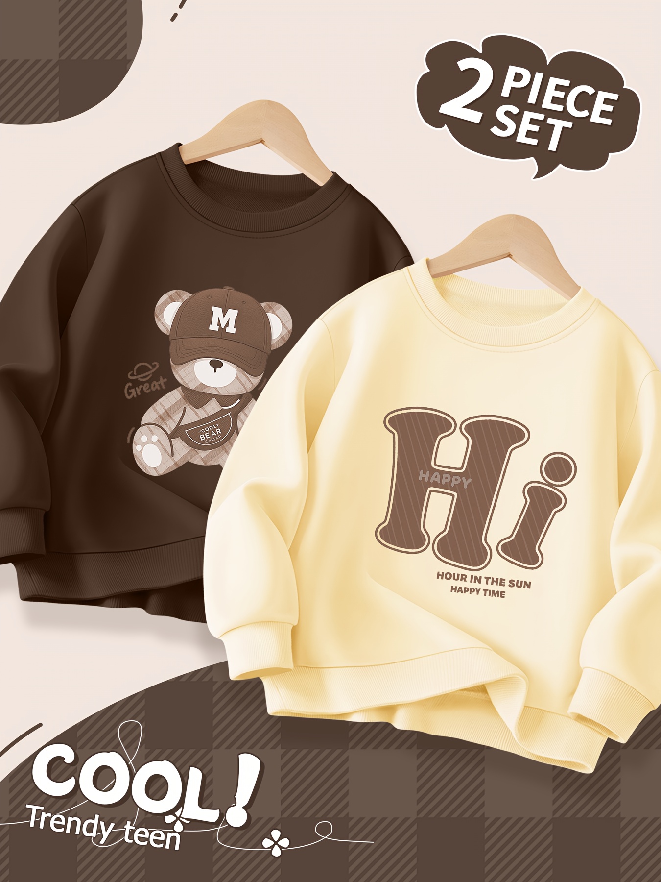 2pcs Boys' Casual Sweatshirt Set with Bear & Letter Graphics