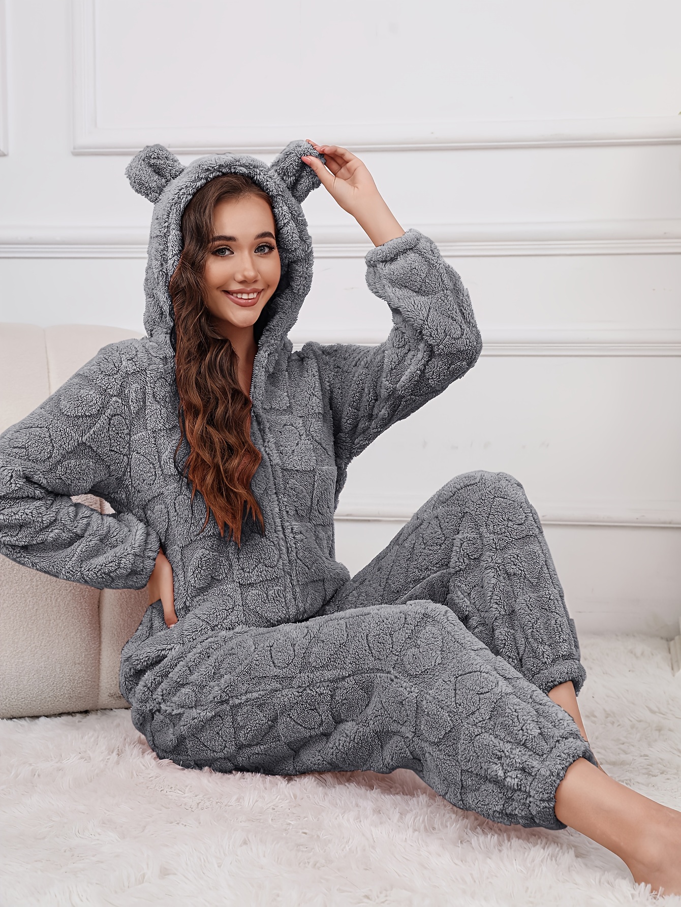 Women's Plush Fleece Hooded Jumpsuit Cozy *-Length Zip-Up Romper with  Heart Pattern, Harem Pants Machine Washable for Autumn/Winter Clothing, Wi