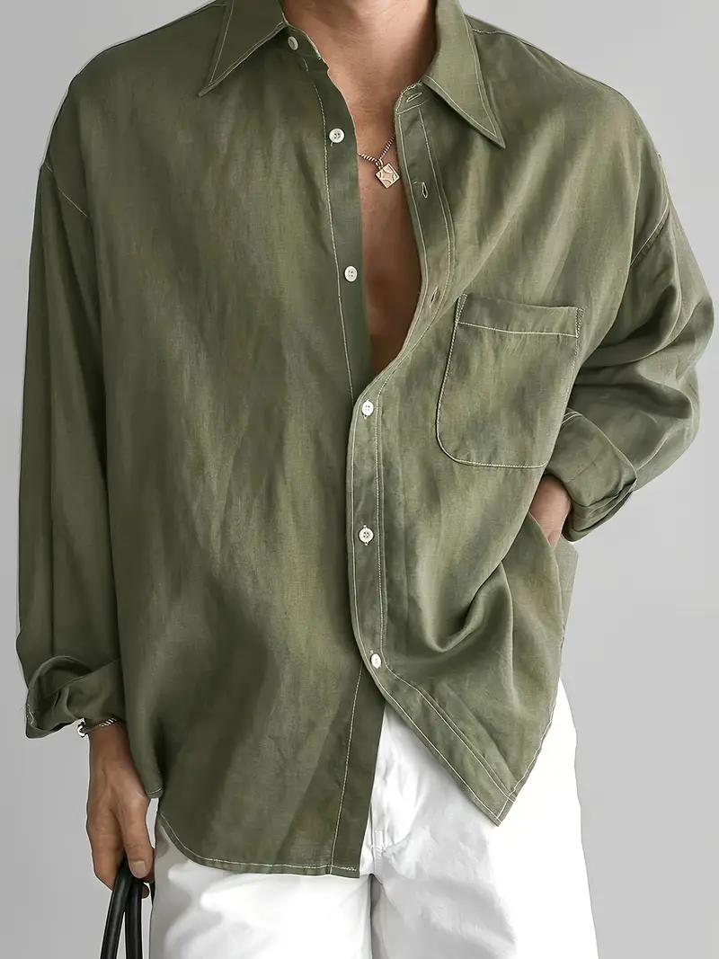 mens olive green white contrast dress shirt classic collar h size fit long sleeve button up button collar shirt for business casual outdoor casual attire machine washable formal blouse Product details 10