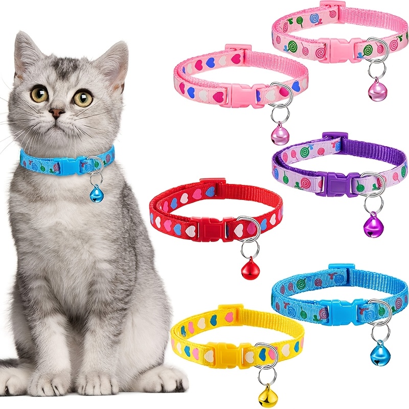 

6pcs Of Cat Collars With Bells, Featuring Heart Patterns, Adjustable And Safe For Kittens, Suitable For Spring And Summer.