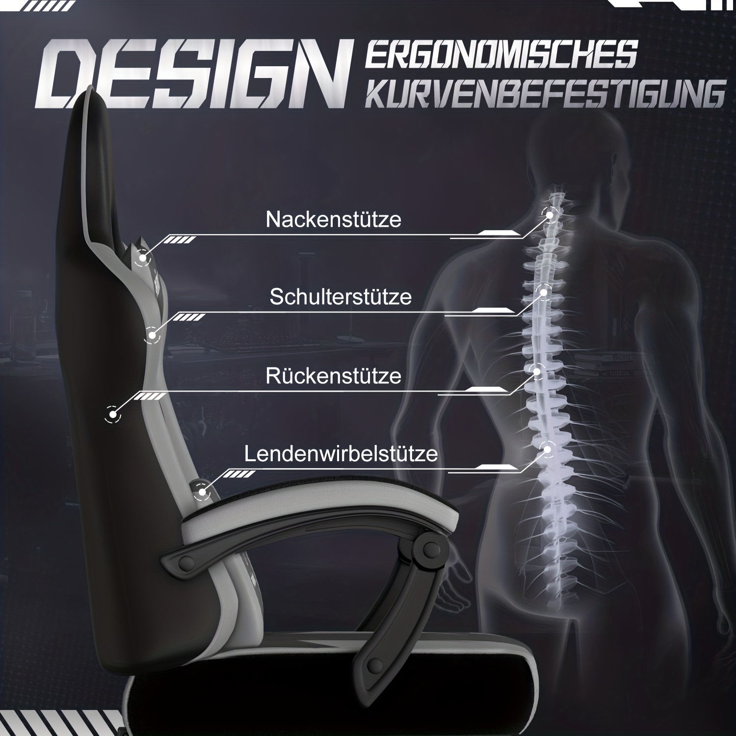 Gronfont Gaming Chair with Footrest, Rocking Function Up to 155°, Ergonomic Gaming Chair with Adjustable Lumbar Cushion, Headrest, Height-Adjustable And Swivel, 360° Gaming Chair, Gaming Chair 150kg, Black, Gray, White, Perfect Christmas Gift