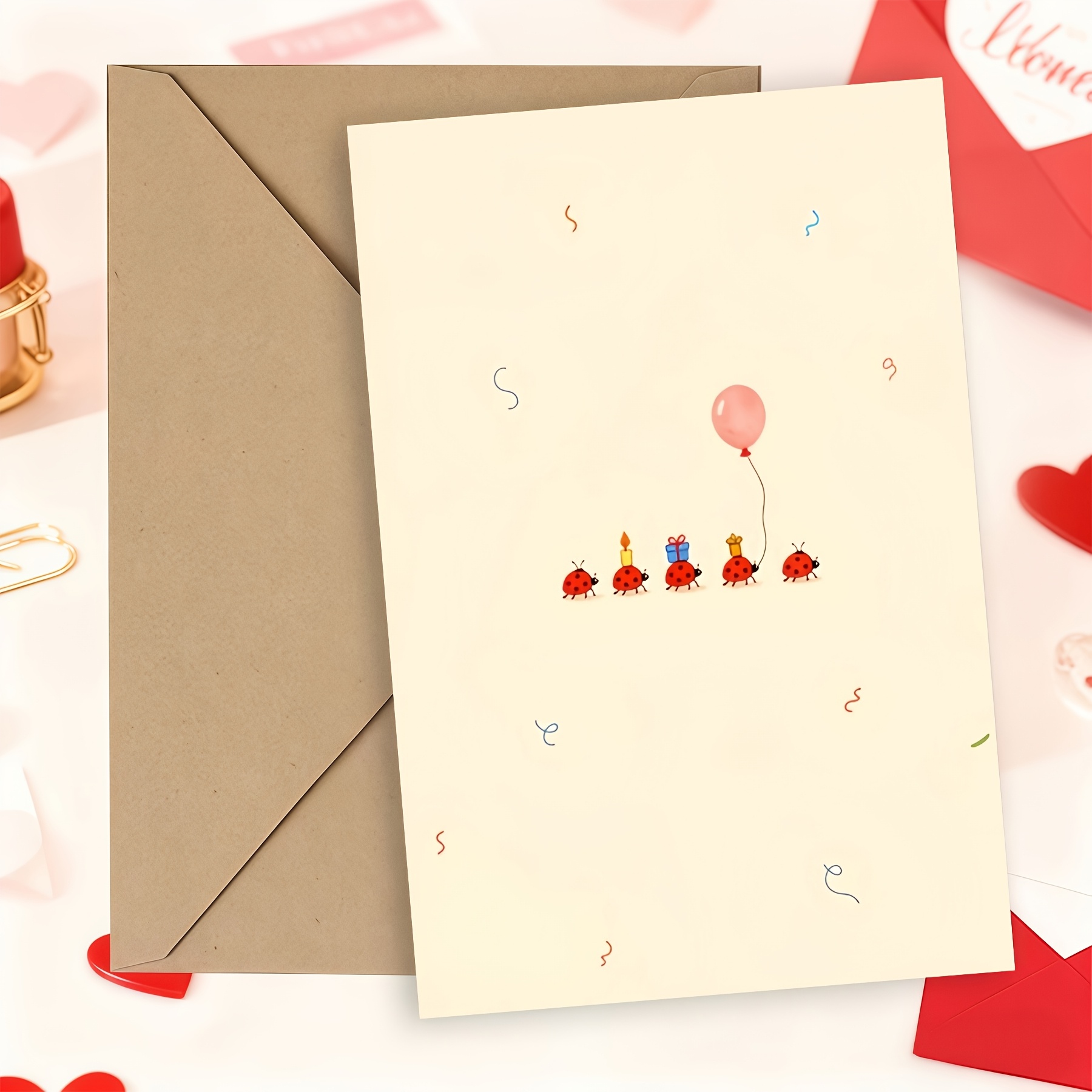 TEMU Pale Cream Background Ladybug Confetti Balloon Cute Casual Happy Birthday Greeting Card, Minimal Decoration Layout, Neutral Birthday Wishes Card