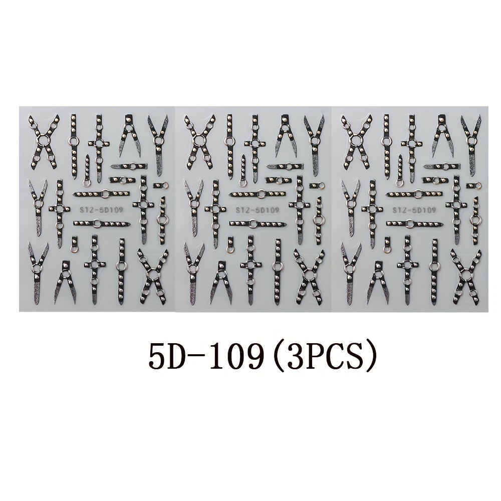 Image of 3pcs Black Punk Strap Series 5d Embossed Three-dimensional Dark Gothic Xy Shape Nail Stickers Self-adhesive Acrylic Nail Charms Set, Women And S Manicure Supplies Nail Art Stickers