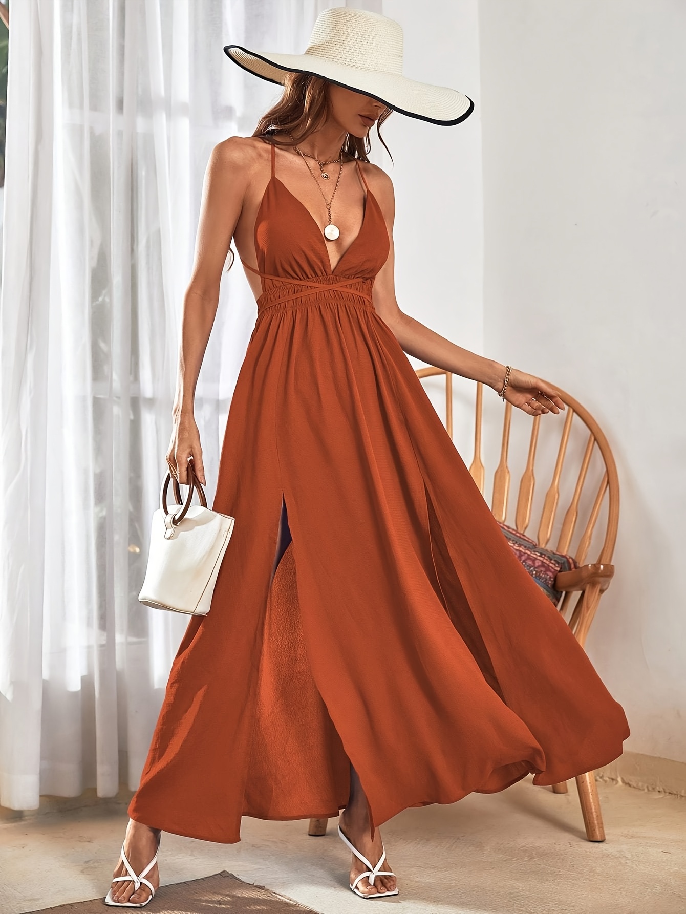 brown pocahontas dress Stokeen Women's Summer Casual Plain Spaghetti Strap Maxi Dress, Khaki / L main image 1