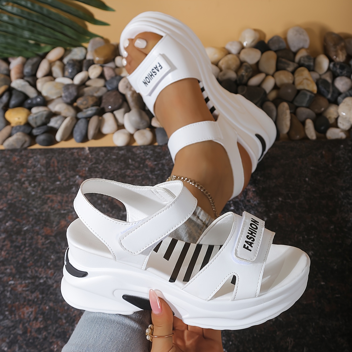 Women'S Summer Fashion Platform Sandals - Casual Open Toe, Hook-and-loop Fastener Strap, White with Black Accents, Rubber Sole, Synthetic Cover, Perfect for Beach or Outdoor Activities, Summer Footwear | Casual Chic | Comfortable Footwear