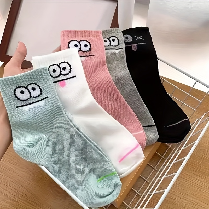 TEMU 5 Pairs Mid-calf Socks For - 5 Colors Cartoon , Soft Polyester Couple Socks For Home, Sleep, Sports & Casual Wear - Machine Washable, Sleepwear
