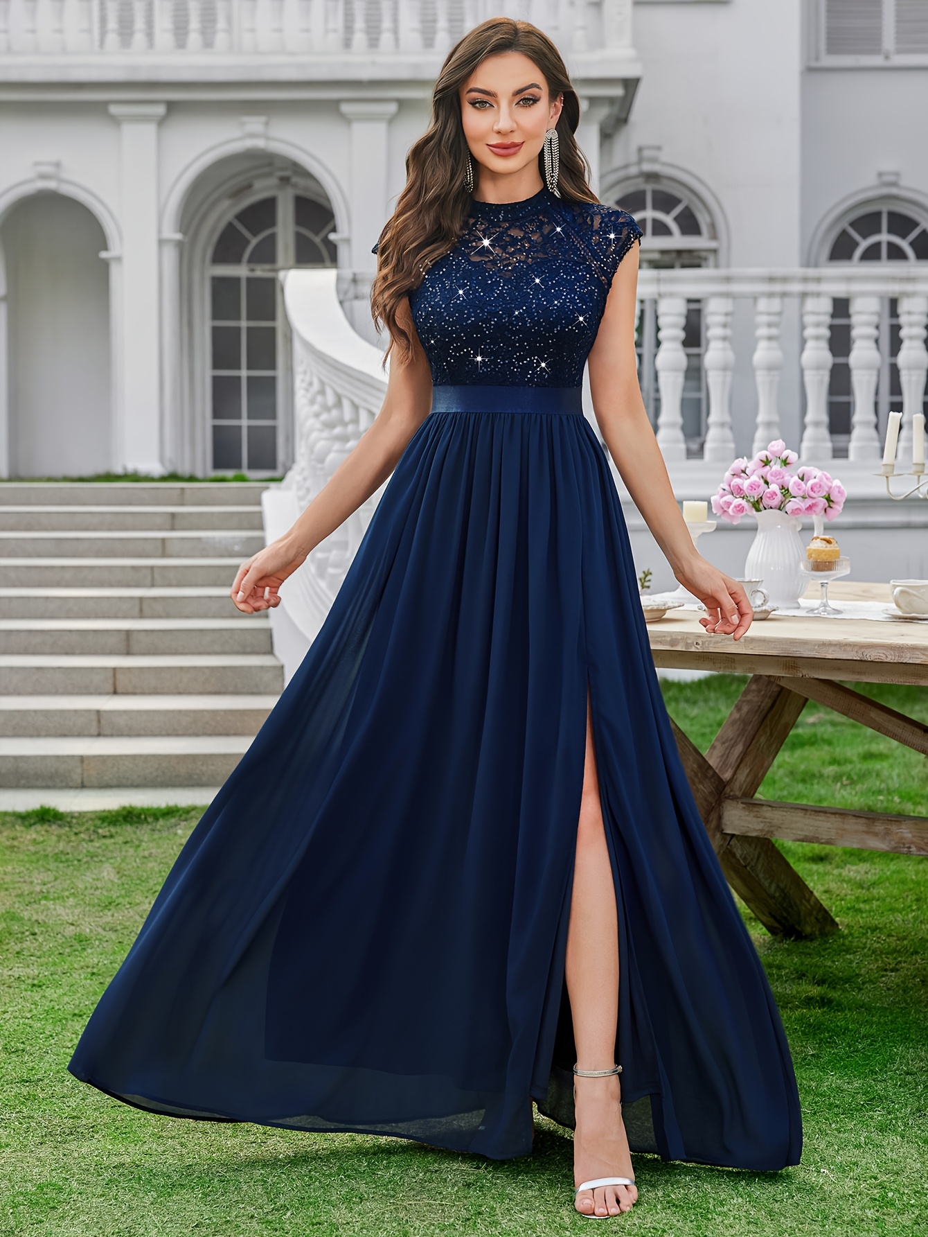 24420A Elegant Women's Mock Neck Cap Sleeve Bridesmaid Dress, Sequin Lace  Contrast Chiffon, A-Line Gown with Side Slit Hem * Formal Anniversary  Balls, Evening, Wedding Party