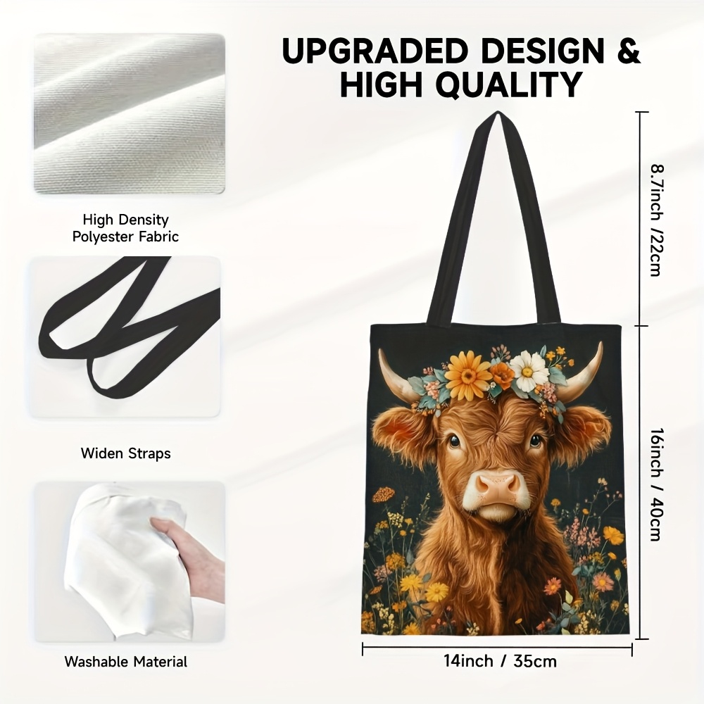 TEMU Highland Cow Floral Canvas Tote Bag | Durable Polyester Shoulder Bag With Sturdy Handles | Multi-occasion Gift For Easter, Ramadan, Mother's Day