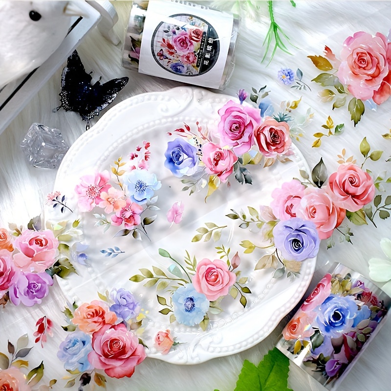 

Floral Design Decorative Washi Tape, 2 Meters Per Roll, Spring Blossom Pet Shiny Finish Stickers For Scrapbooking And Journaling, Paper Material Adhesive Tape For Diy Arts & Crafts.