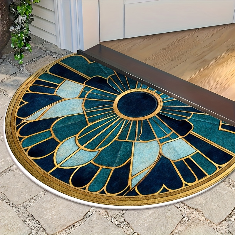 TEMU 1pc, Art Deco Stained Pattern Teal Navy Half Circle Velvet Rug, Soft, Non-slip, Machine Washable, For Summer Autumn, Suitable For Living Room,