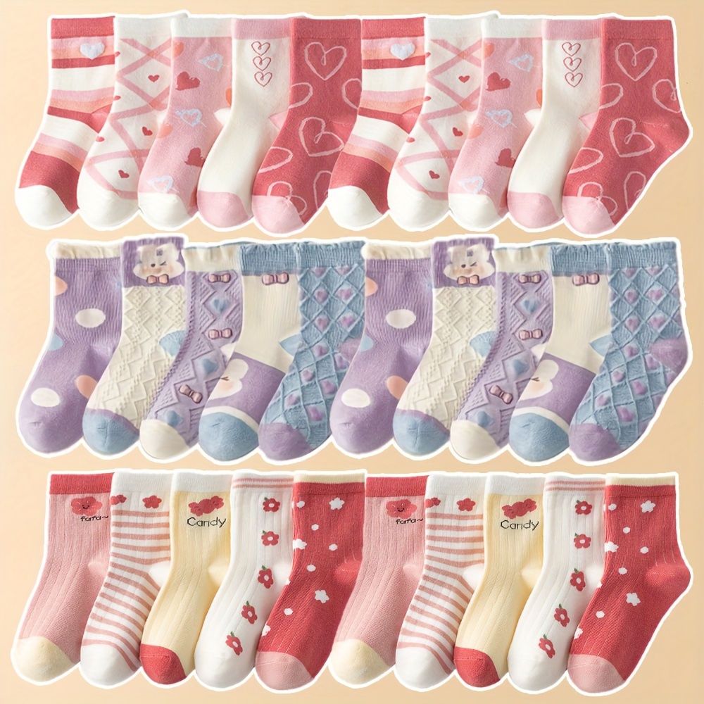 E-shop 30 Paar Mädchen-Crewsocken – Niedliches Cartoon-Design, Ganzjahres-Weiches Atmungsaktives Material, Kleinkind-Babysocken mit Herz-, Bär-,