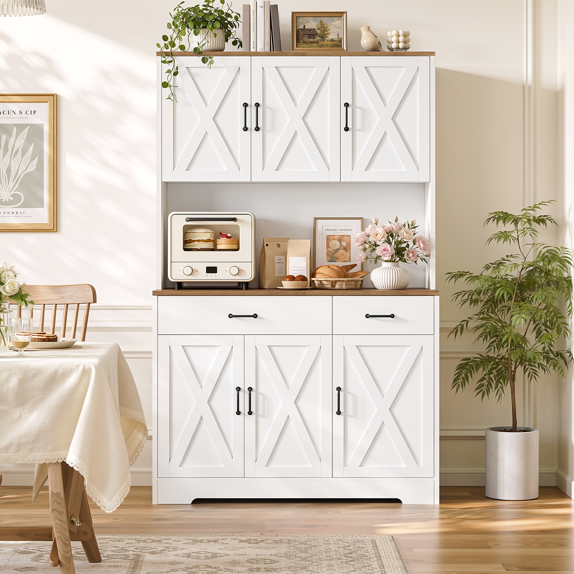 Kealive White Buffet Cabinet With Worktop, 2 Drawers & Adjustable Shelves - Freestanding Kitchen Sideboard Cupboard For Dining Room
