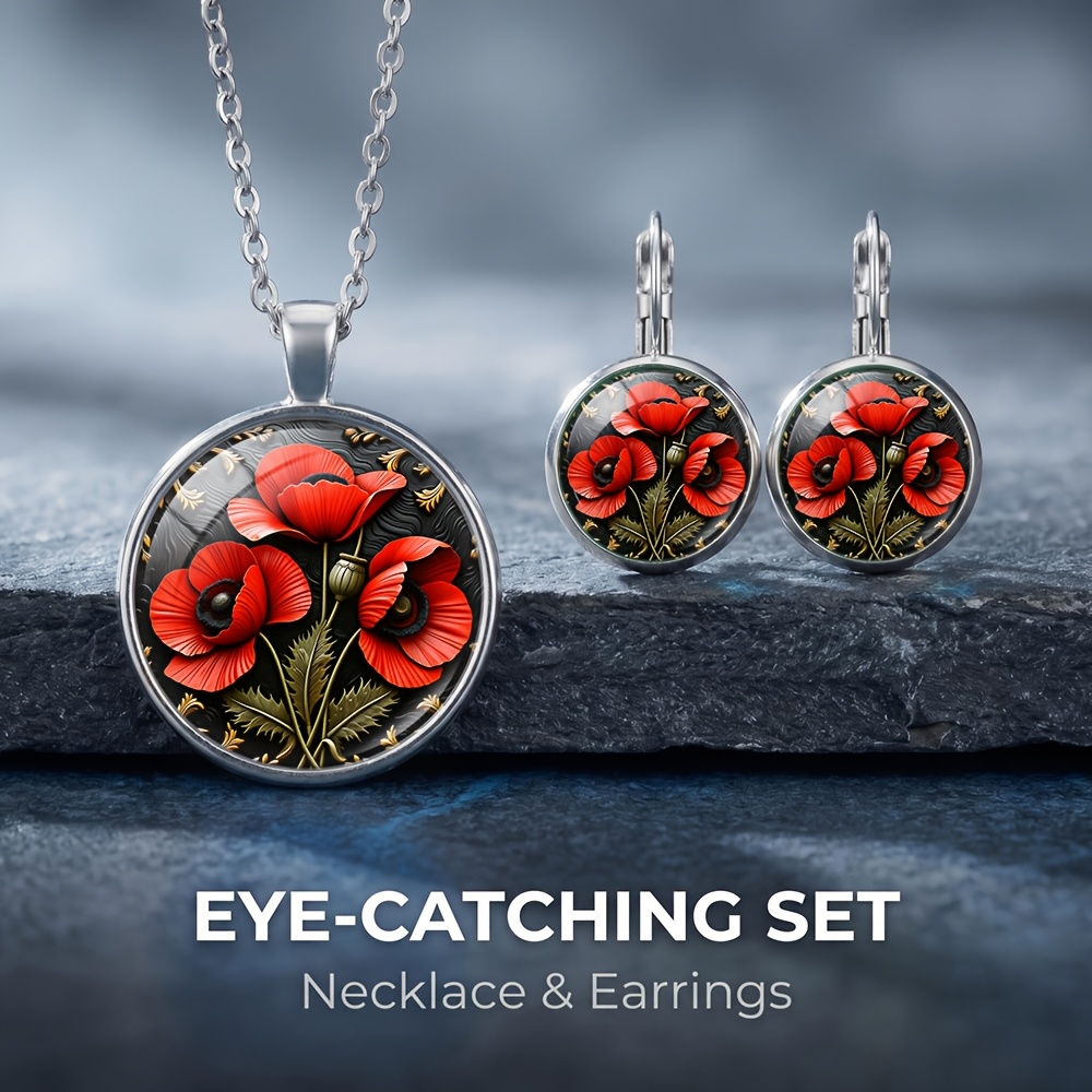 TEMU 3pcs Poppy Blooming Necklace And Earring Set, Suitable For Daily Wear, Exquisite Small Gift