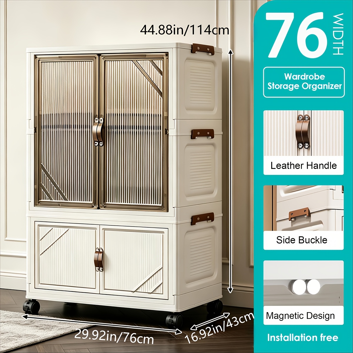 Image of Cm Hall Storage Plastic Cabinet With Wheels And Magnetic Doors - Used To Store Clothes, Snacks, And Books, Etc., Is A Foldable Storage Cabinet Suitable For Entrances, Bedrooms, And Outdoors. 76