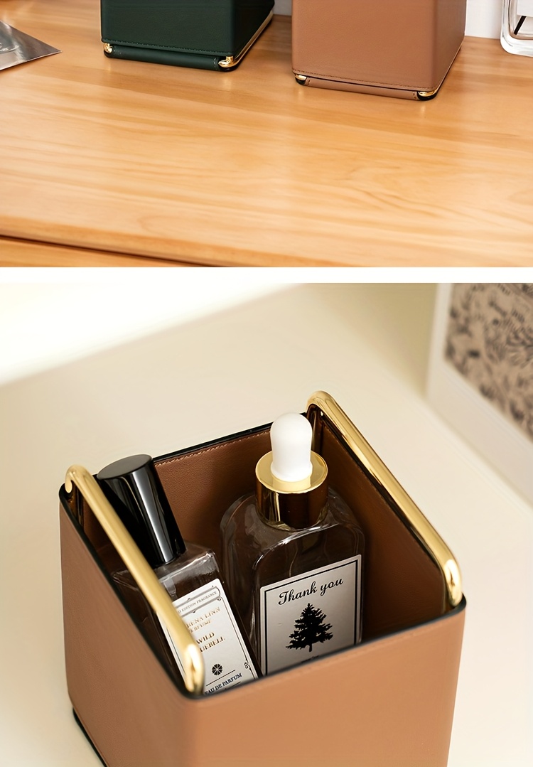 1pc of lightweight   leather storage tube makeup brush organizer vanity eyebrow and eyeshadow brush holder metal frame leather pen case desktop remote   storage box stylish square storage box multifunctional shelf living room countertop organizer fashionable high quality item Product details 7
