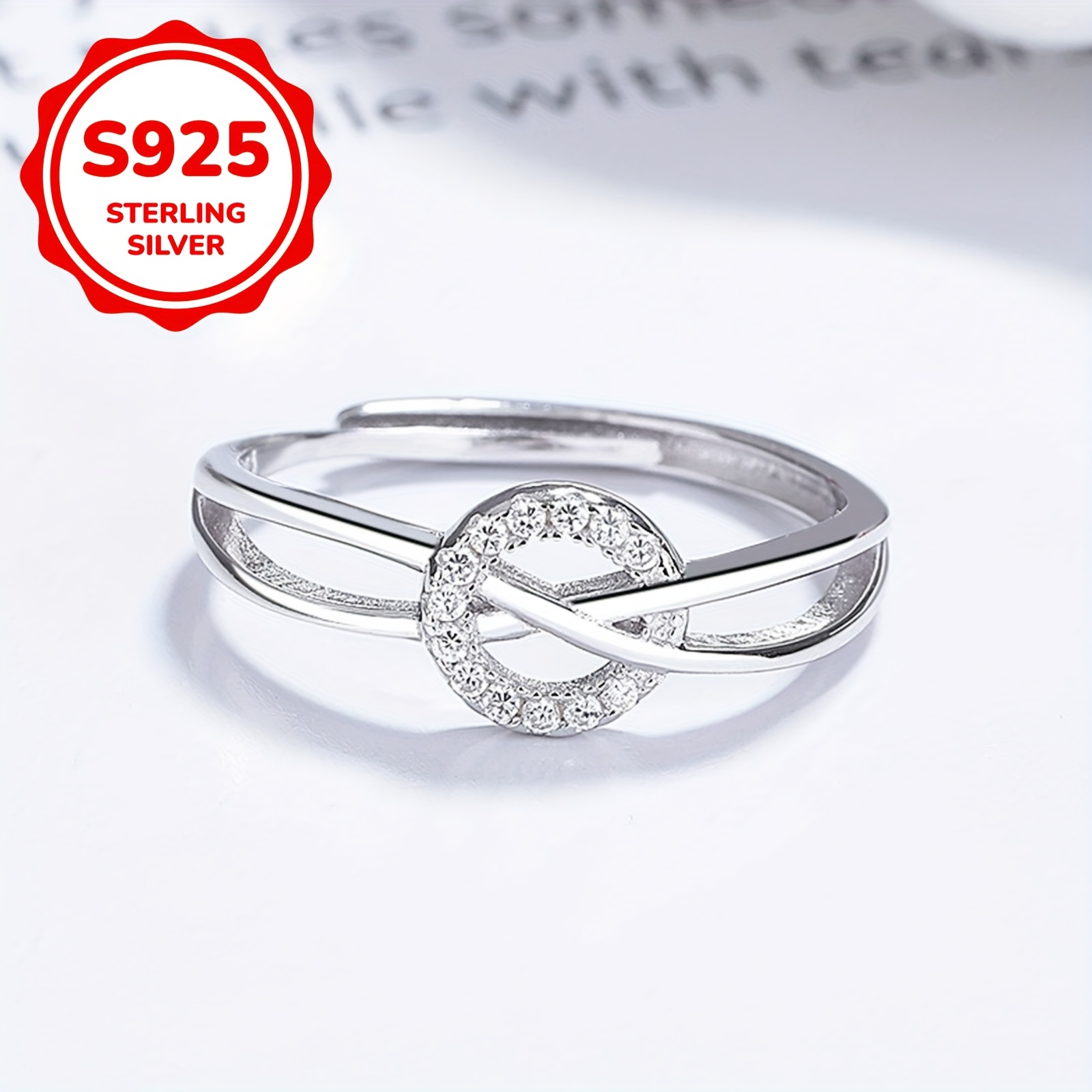 Image of 925 Silver Round Synthetic Zirconia Inlaid Ring For Women, Fashionable Geometric Open Adjustable Ring, For Birthdays, Valentine's Day, Qixi Festival, Etc., Product Weight Approximately 2g