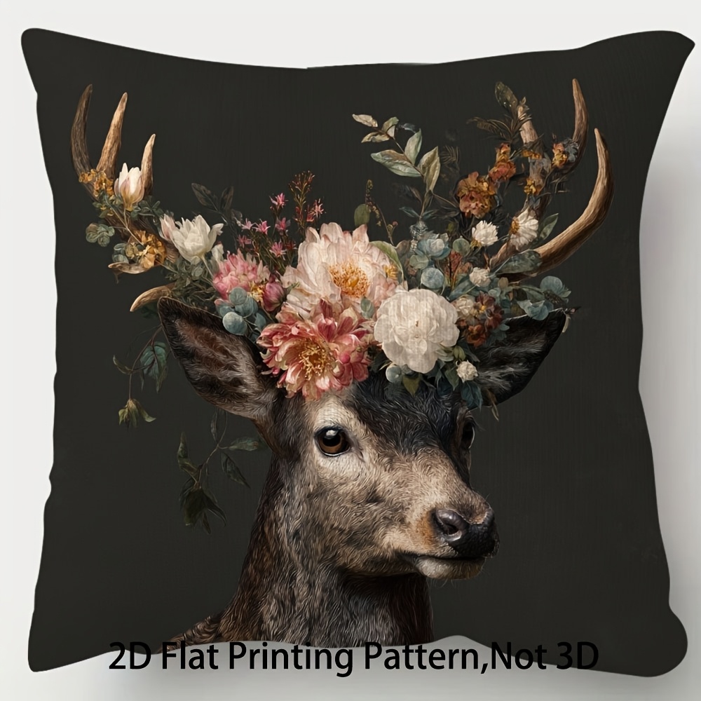 Image of 1pc, Decorative Pillowcase, Deer With Flowers Pattern, Single-sided Printing, Designed For Sofa, Living Room, Bedroom, Or Office Use, Pillow Core Not Included